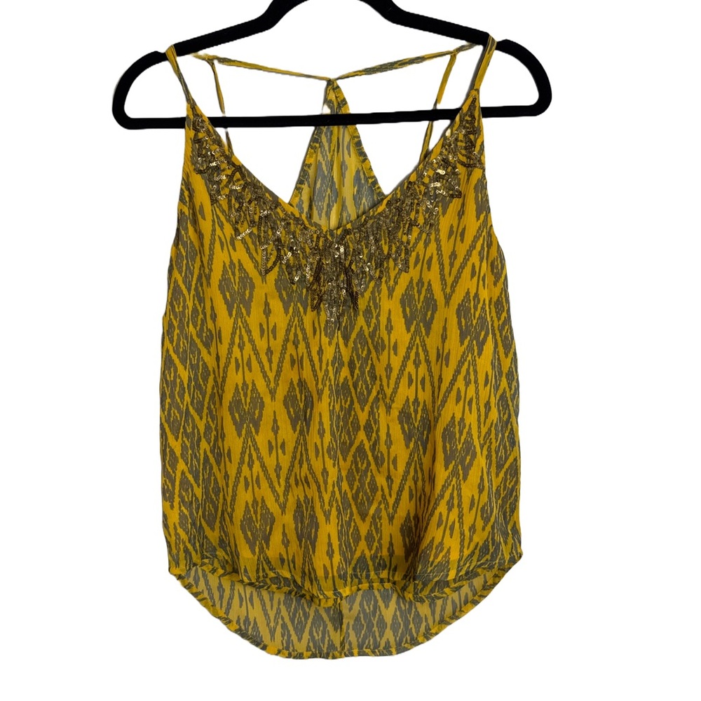 Ecote Yellow Ikat Sequin Embellished Tank Top | Size S